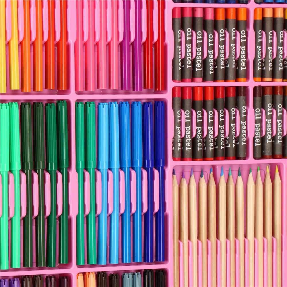 Set de pictura si desen pentru copii, 258 de piese, trusa plastic roz