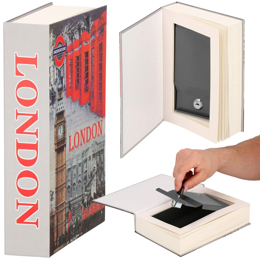 Caseta de valori, cutie metalica cu cheie, portabila, tip carte, London, 22x15.5x4.5 cm