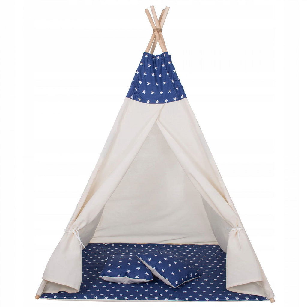 Cort copii  stil indian Teepee Tent cu fereastra, covoras gros si 2 perne, alb albastru inchis cu stelute