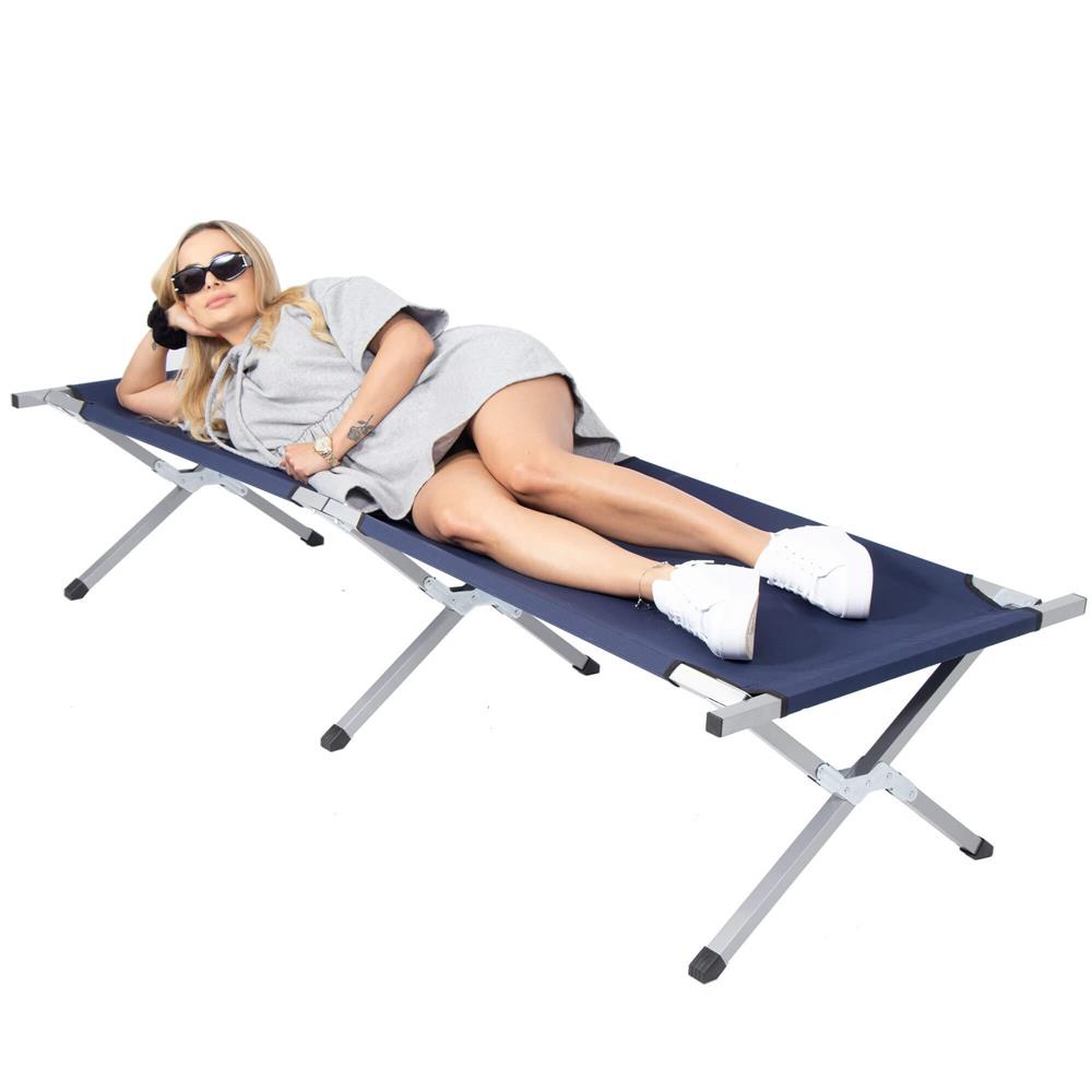 Pat pliant pentru camping, structura metalica, 190x74x42cm, 150kg, albastru marin