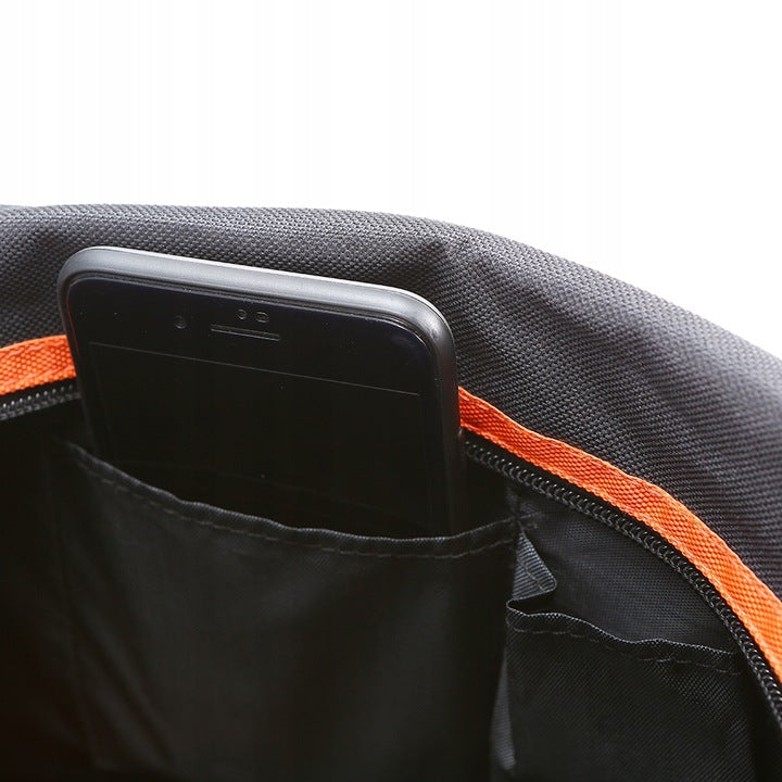 Geanta portbagaj bicicleta, 3 compartimente si 5 buzunare laterale, 45x20x22cm, negru cu elemente reflectorizante portocalii