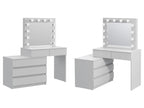 Masa de toaleta si machiaj colt Carla cu oglinda 12 LED si comoda 5 sertare, montaj stanga/dreapta, alb