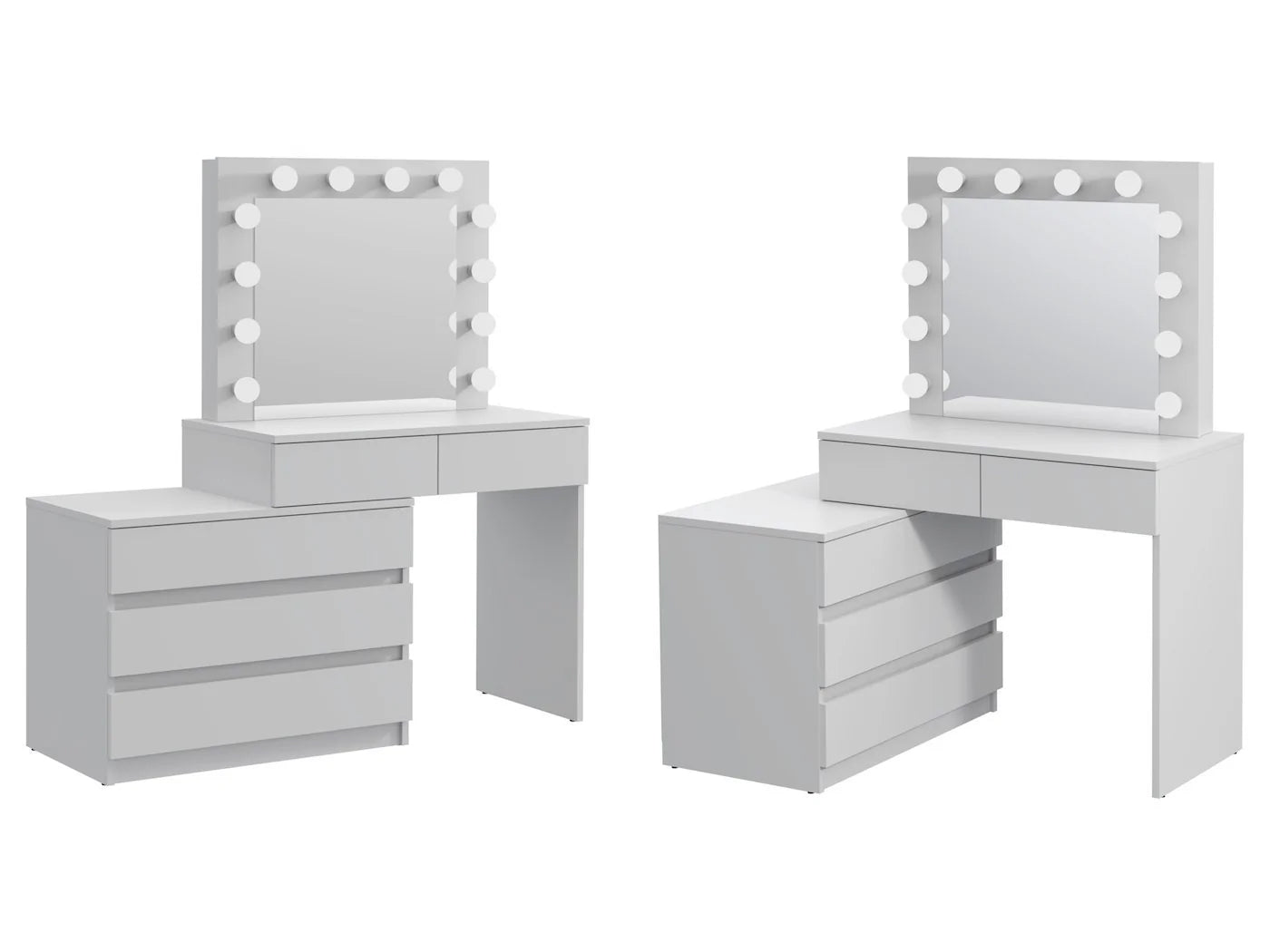 Masa de toaleta si machiaj colt Carla cu oglinda 12 LED si comoda 5 sertare, montaj stanga/dreapta, alb