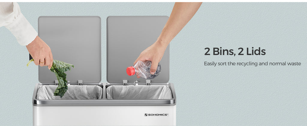 SONGMICS Cos gunoi dublu 59x32x65 cm, 2x30L, cu pedale si galeata detasabila, alb