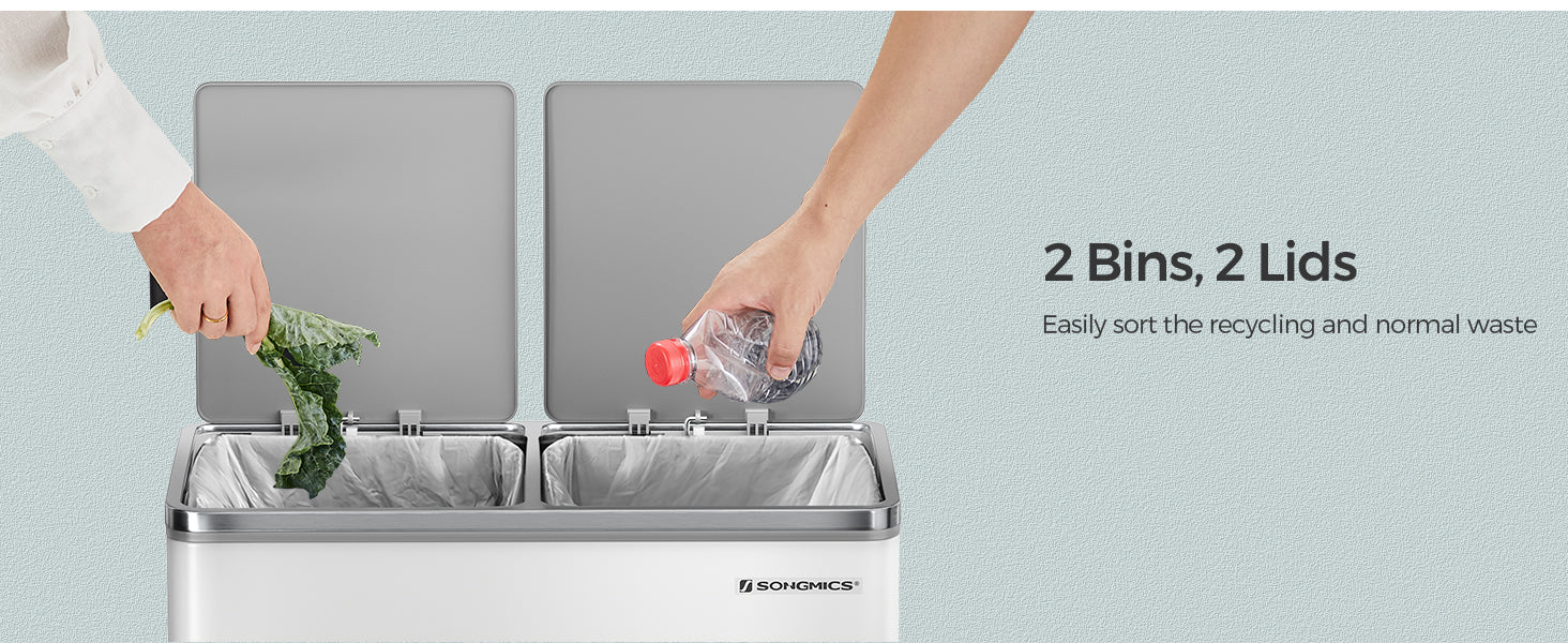 SONGMICS Cos gunoi dublu 59x32x65 cm, 2x30L, cu pedale si galeata detasabila, alb