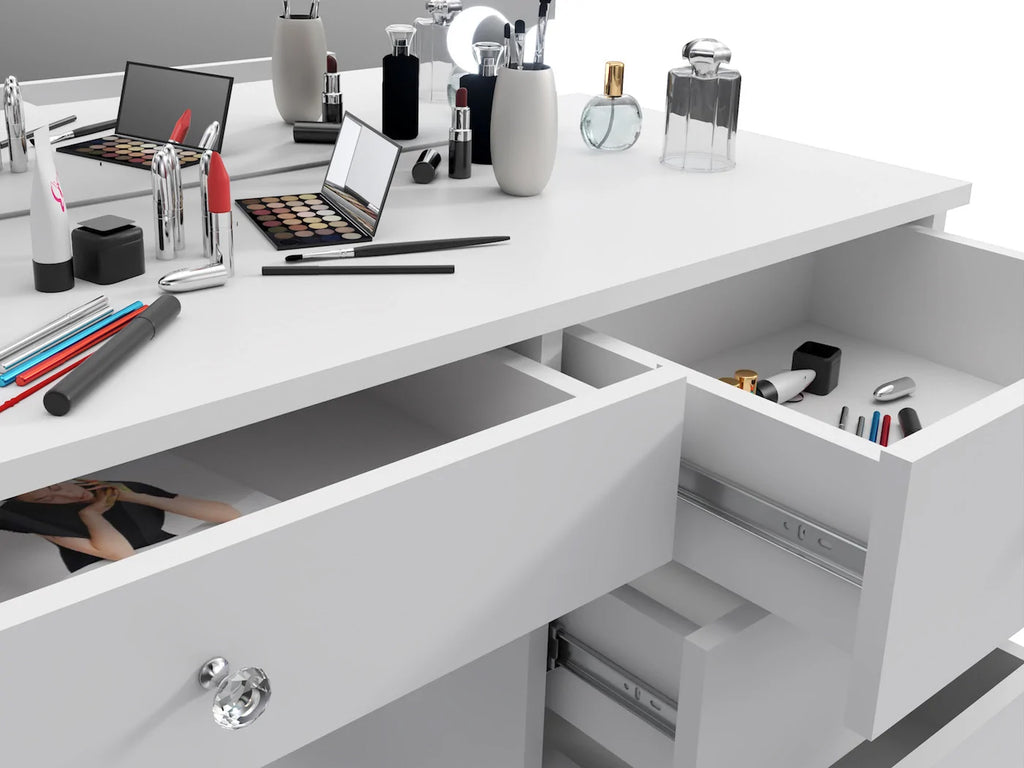 Masa de toaleta si machiaj Cristal Full cu oglinda LED si 5 sertare, 110x47x77 cm, alb