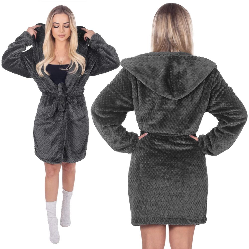 Halat de baie pentru femei pana la genunchi, cu gluga, marimea L/XL, gri inchis