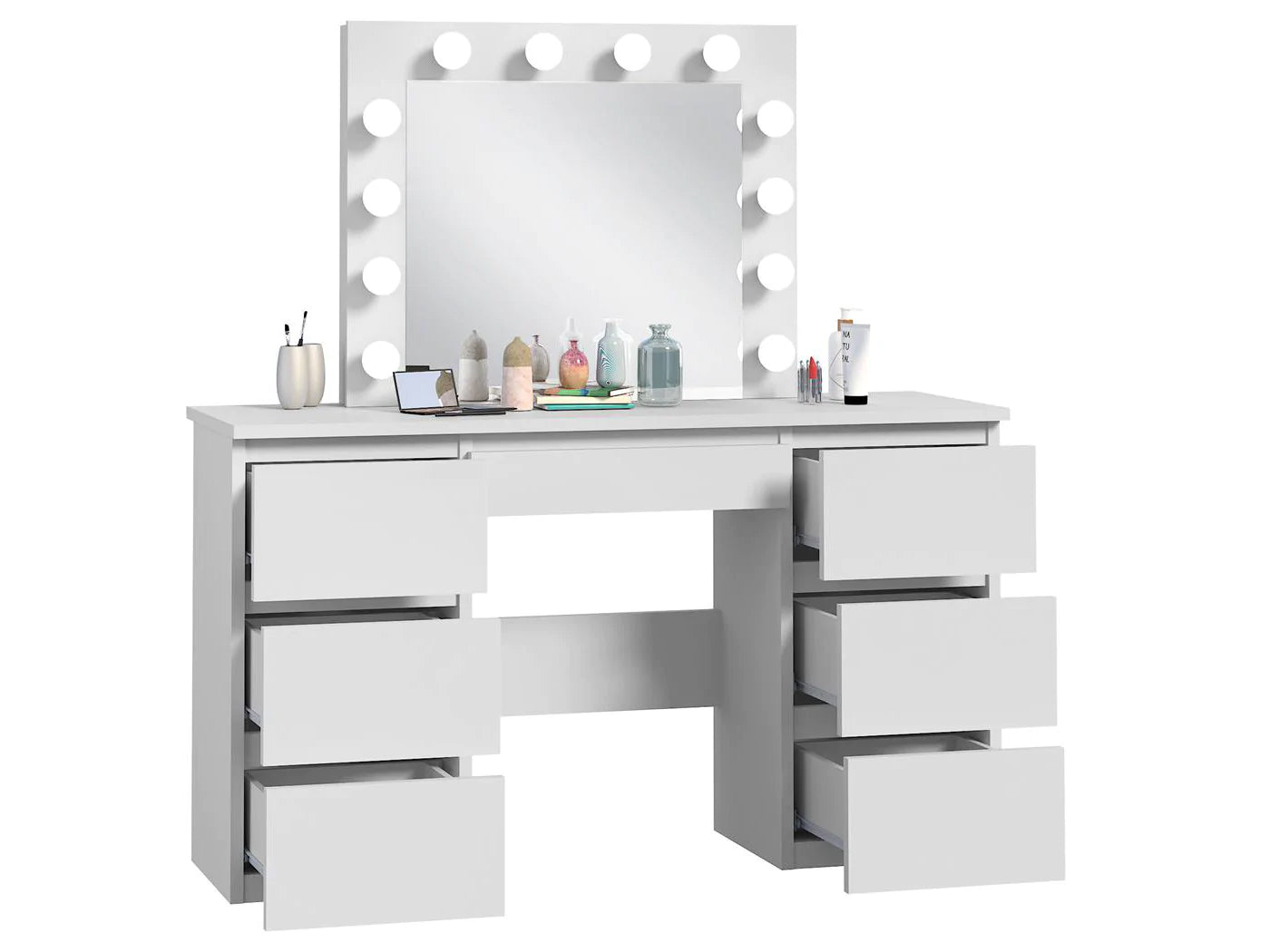 Masa de toaleta si machiaj cu oglinda LED si 7 sertare, 120x43x140 cm, alb