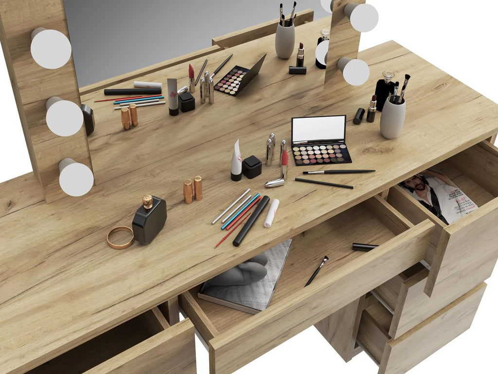 Masa de toaleta si machiaj cu oglinda LED si 7 sertare, 120x43x140 cm, craft