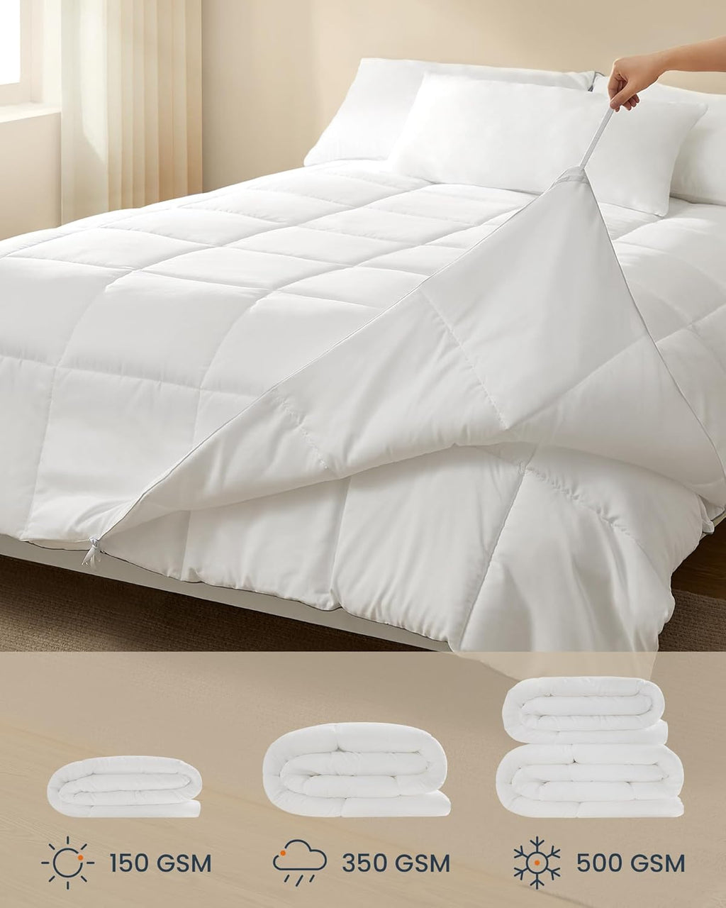 SONGMICS Pilota matlasata dubla, 4 anotimpuri, 150, 350 si 500 GSM, din microfibra, 200x200 cm, alb