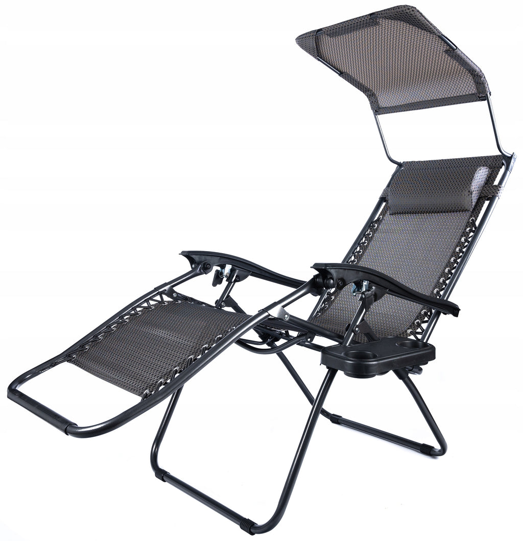 Sezlong pliabil cu parasolar si tetiera, reglabil in 2 pozitii, suport pahare, 174cm, gri