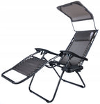 Sezlong pliabil cu parasolar si tetiera, reglabil in 2 pozitii, suport pahare, 174cm, gri