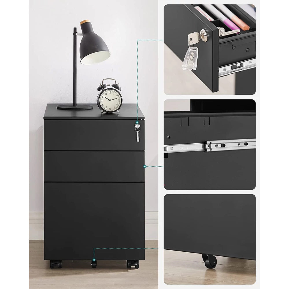 SONGMICS Dulap mobil tip rollbox pentru birouri, din otel, sertar cu sina dosare A4, 39x52x60 cm, negru