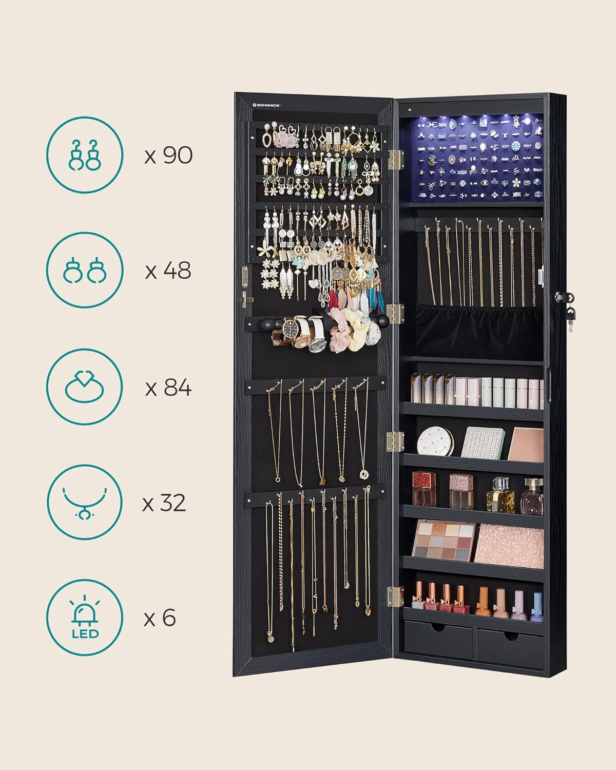 SONGMICS Dulap de bijuterii cu oglinda, din MDF, montare pe perete, 37x10x120 cm, negru