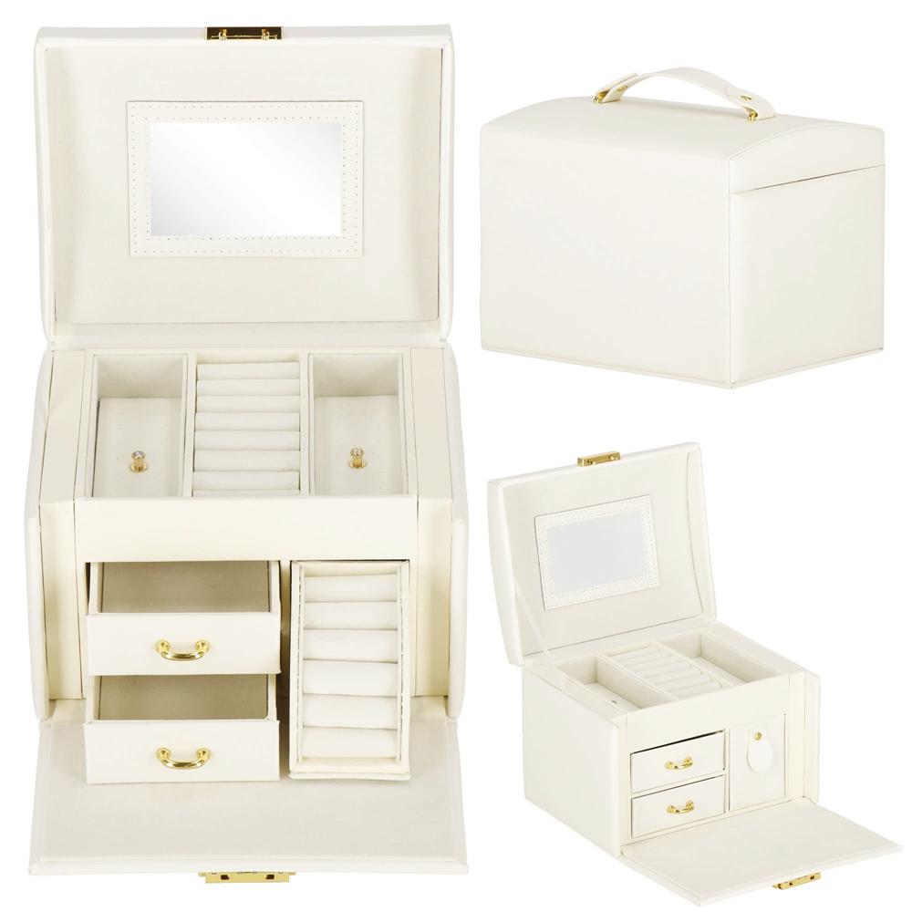 (DL) Cutie depozitare si organizare bijuterii, MDF, piele ecologica, 17,5 x 12 x 13,5 cm., crem