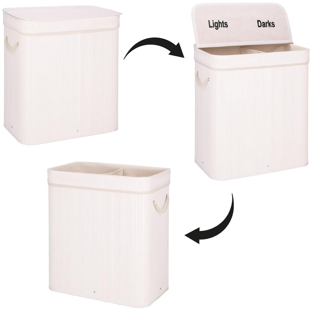 Cos de rufe din bambus cu capac, 2 compartimente, sac detasabil, volum 100L, 54x35x60cm, alb