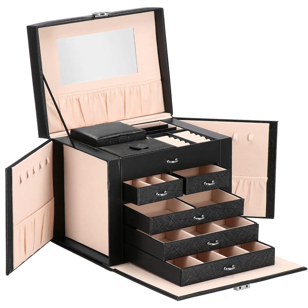 Cutie depozitare si organizare bijuterii, piele ecologica + velur, 26 x 21,5 x 19 cm, negru