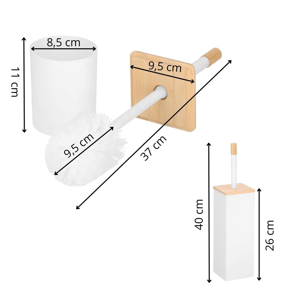 Perie WC cu rezervor detasabil si capac, din metal si bambus, 40 cm, alb