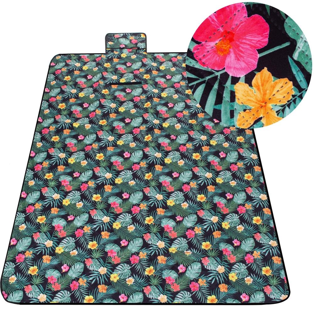 Patura pentru picnic sau plaja, cu folie izolatoare si maner, 150x200cm, negru floral
