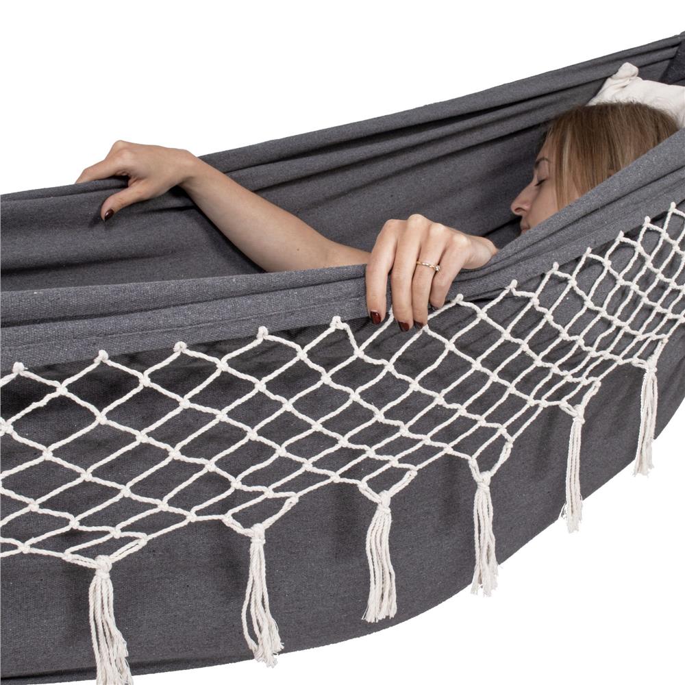 Hamac doua persoane cu franjuri si 2 perne, 200kg, 200×150 cm, gri inchis