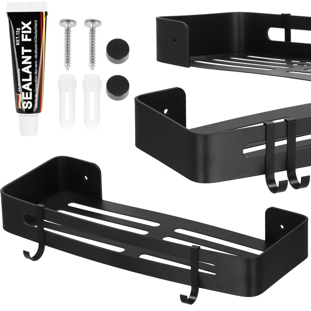 Raft de baie cu 2 agatatori, 2 sisteme instalare pe perete, aluminiu, 32x12x4cm, negru