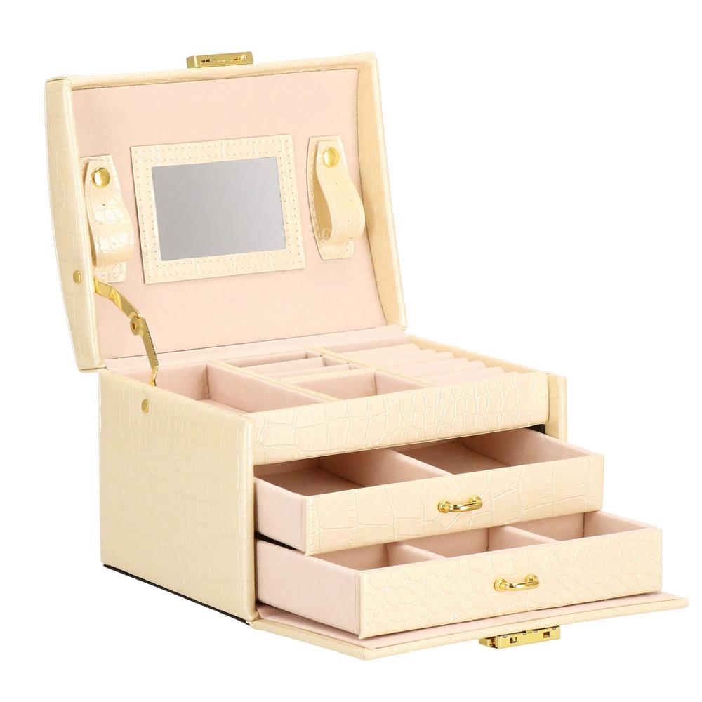 (DL) Cutie depozitare si organizare bijuterii, MDF, piele ecologica si velur, 17,5 x 14 x 12,5cm, crem