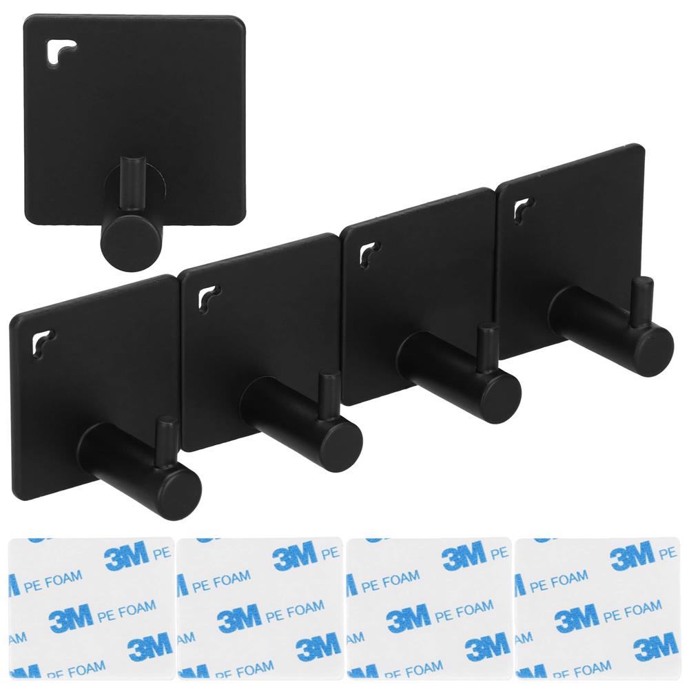 Set 4 agatatori tip cuier pentru baie, sistem fixare inclus, aluminiu, negru