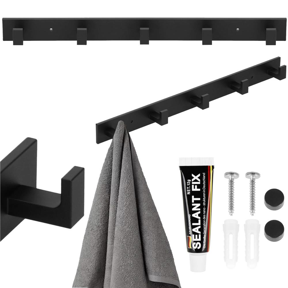 Cuier de baie pentru prosoape cu 2 sisteme instalare, aluminiu, 5 agatatori, 45x4cm, negru