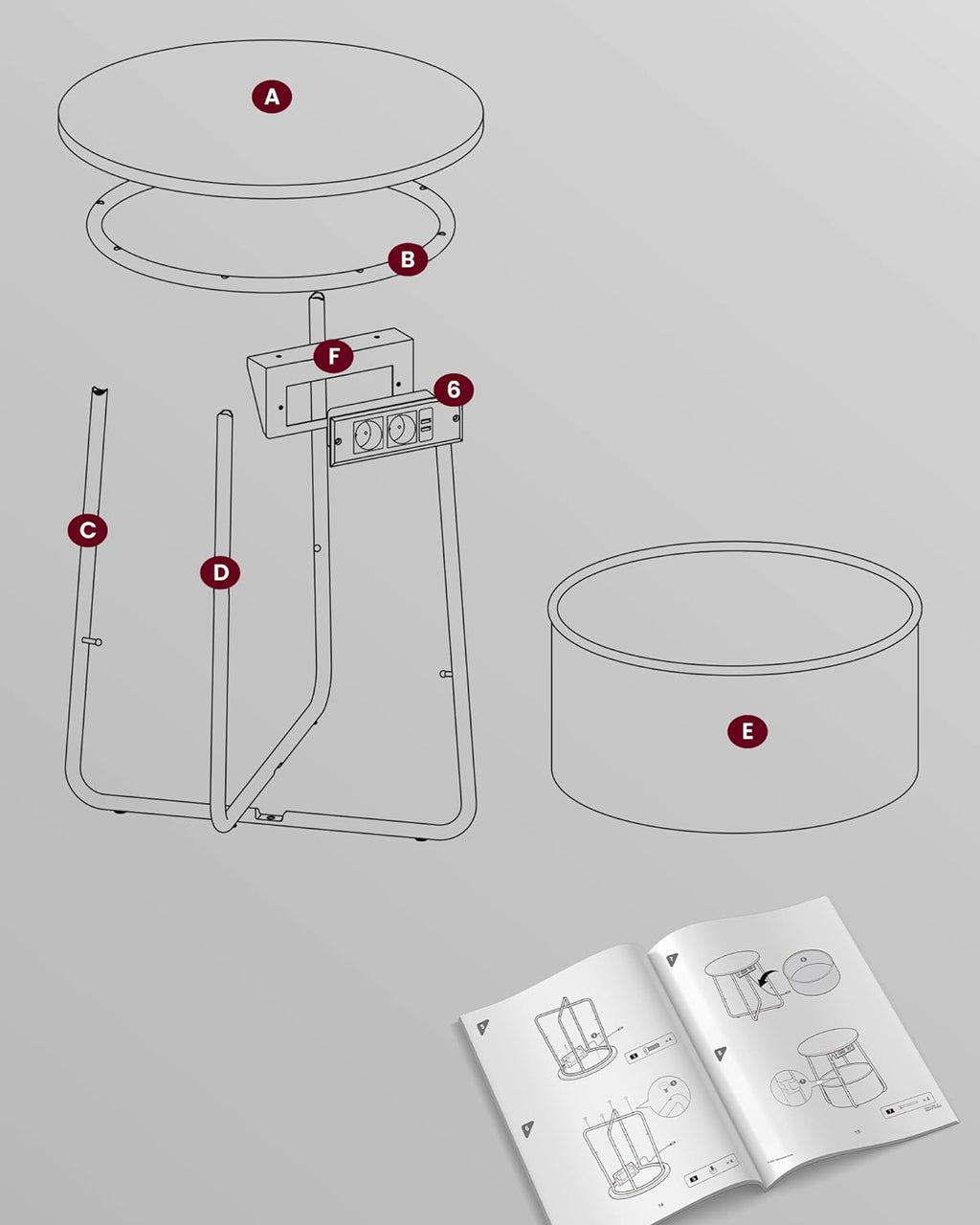 VASAGLE Masuta de cafea rotunda cu cos de stofa, statie de incarcare 2 prize si 2 USB, 45x50cm, negru