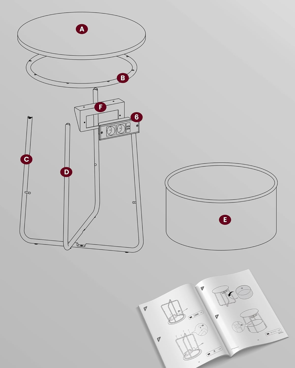 VASAGLE Masuta de cafea rotunda cu cos de stofa, statie de incarcare 2 prize si 2 USB, 45x50cm, negru