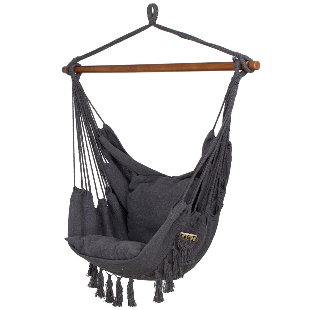 Hamac tip leagan suspendat pentru casa sau gradina HM45, gri inchis cu perne, 130x100cm, 150kg