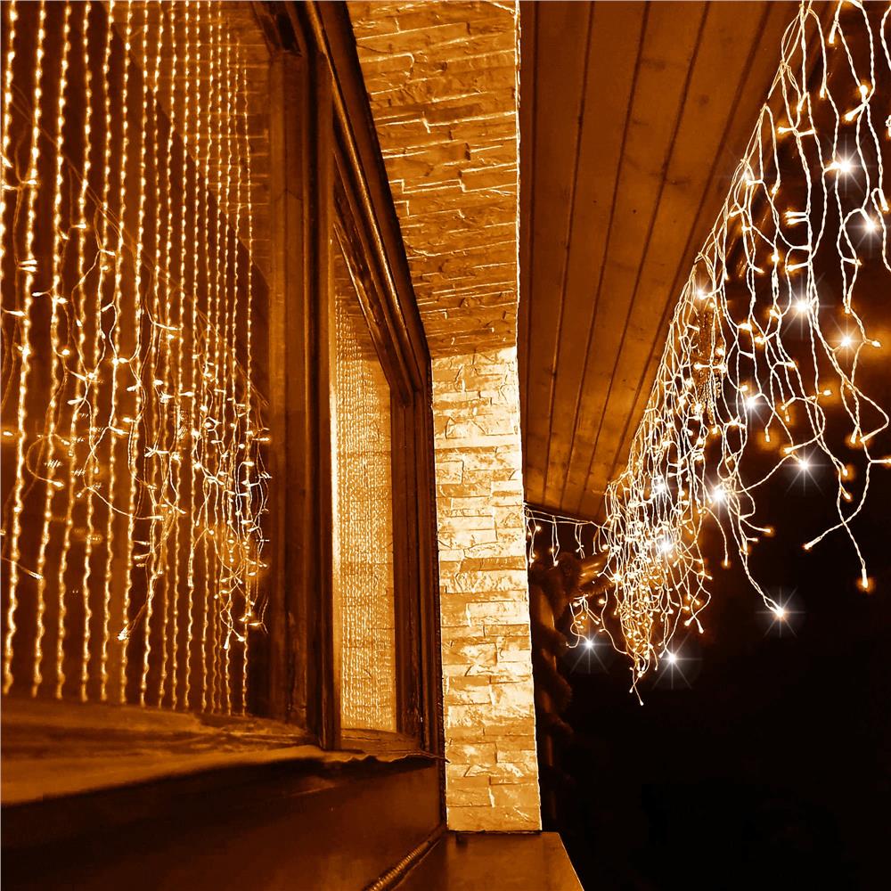 Ghirlanda luminoasa tip perdea 300 LED-uri, 12m, pentru interior/exterior, cu flash, iluminare galbena