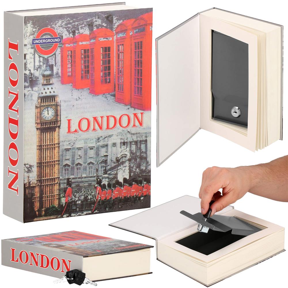 Caseta de valori, cutie metalica cu cheie, portabila, tip carte, London, 22x15.5x4.5 cm