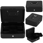Caseta pentru bani tip cutie de valori, compartimentanta, cu cheie, metal, 30x24x9cm, negru