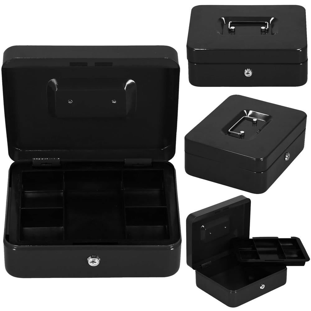 Caseta pentru bani tip cutie de valori, compartimentanta, cu cheie, metal, 30x24x9cm, negru