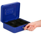 Caseta pentru bani tip cutie de valori, compartimentanta, cu cheie, metal, 25x20x9cm, albastru
