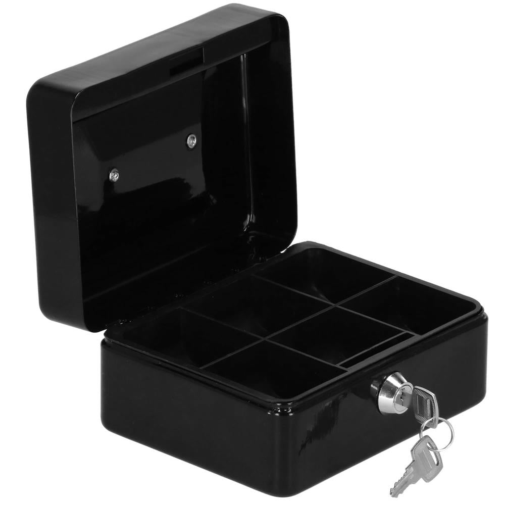Caseta pentru bani tip cutie de valori, compartimentanta, cu cheie, metal, 15x12x8cm, negru
