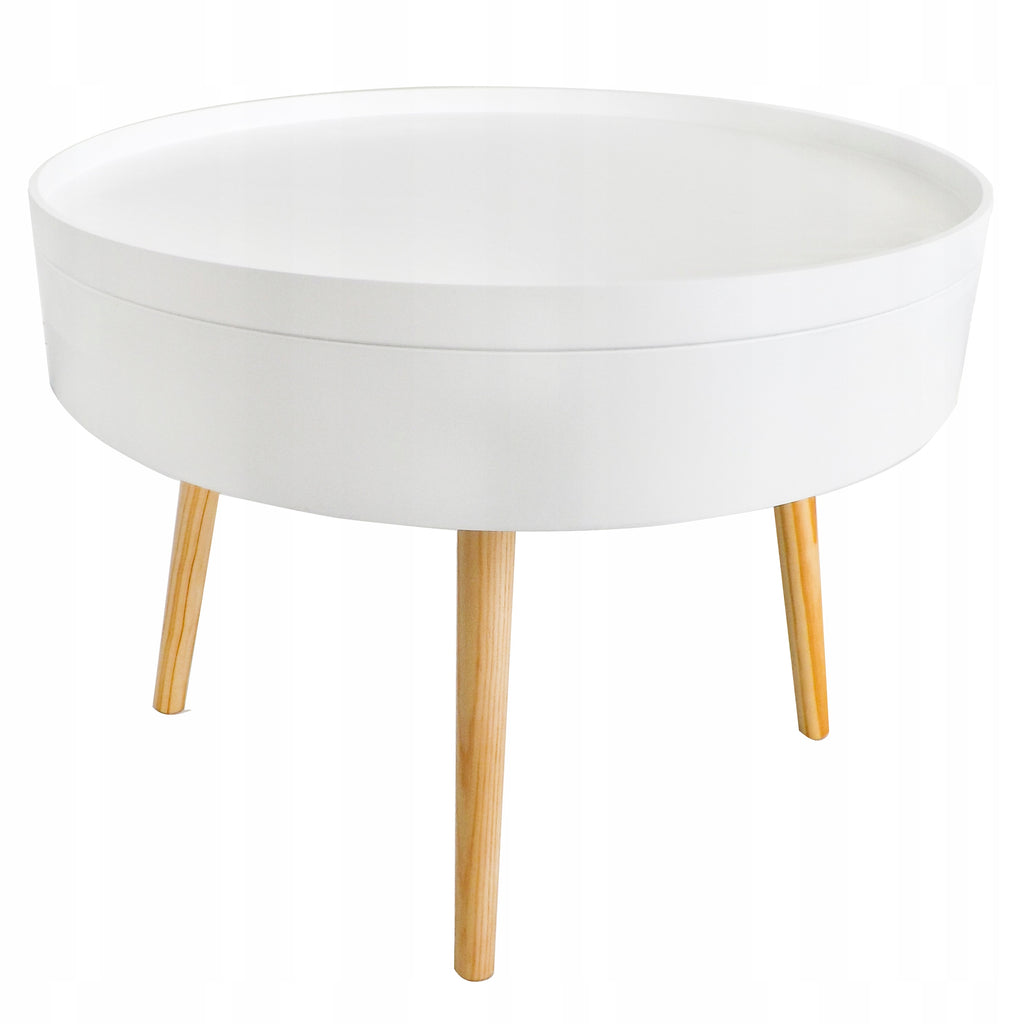 Masuta de cafea rotunda 60x40 cm, cu blat detasabil si spatiu depozitare, picioare din lemn de pin, alba