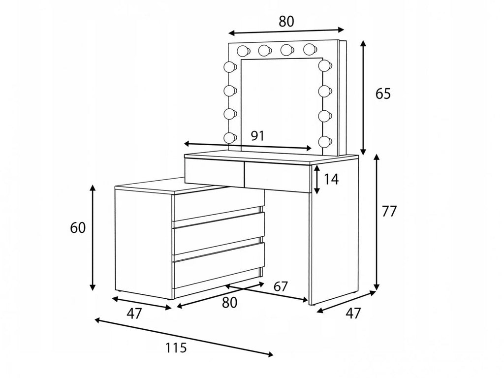 Masa de toaleta si machiaj colt Carla cu oglinda 12 LED si comoda 5 sertare, montaj stanga/dreapta, alb