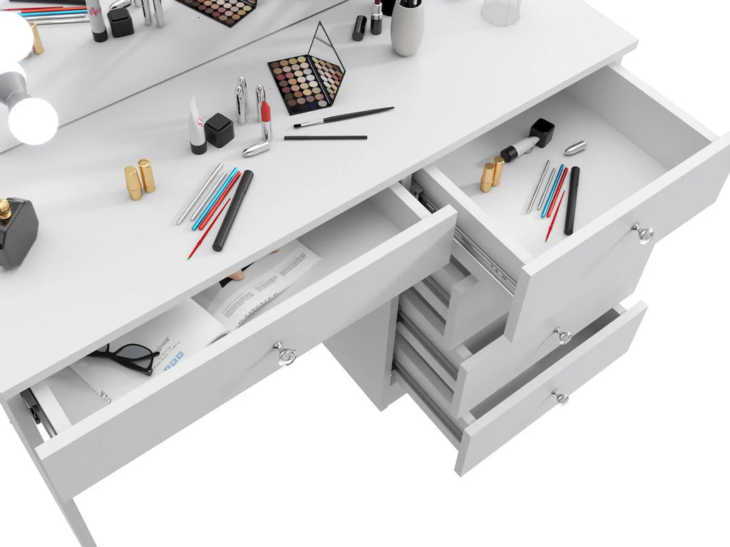Masa de toaleta si machiaj Cristal Full cu oglinda LED si 5 sertare, 110x47x77 cm, alb