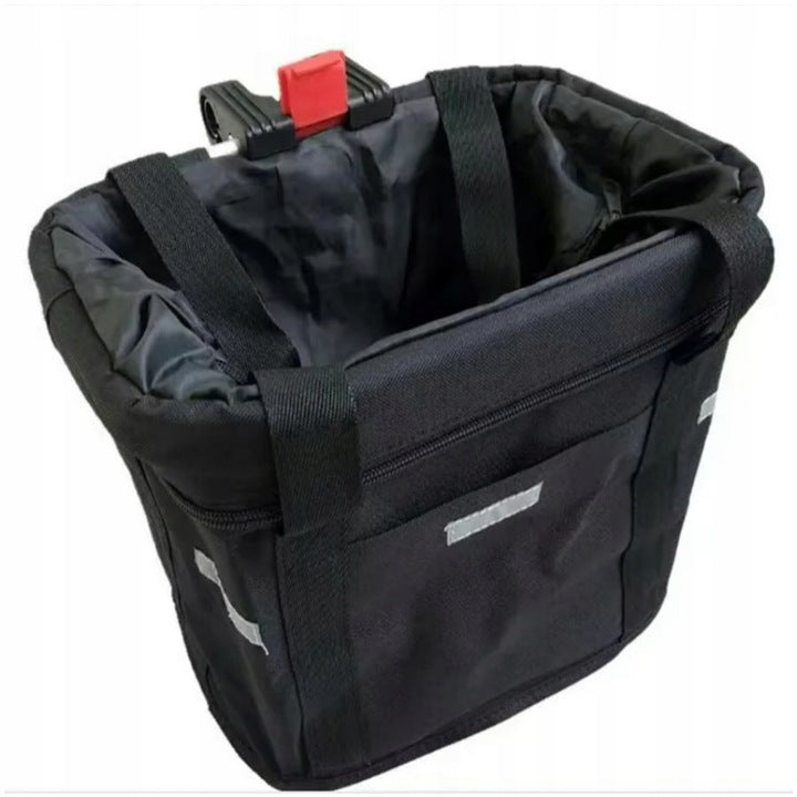 Cos bicicleta fata 34x24x25 cm, aluminiu si material textil, sistem click, cu husa ploaie, negru