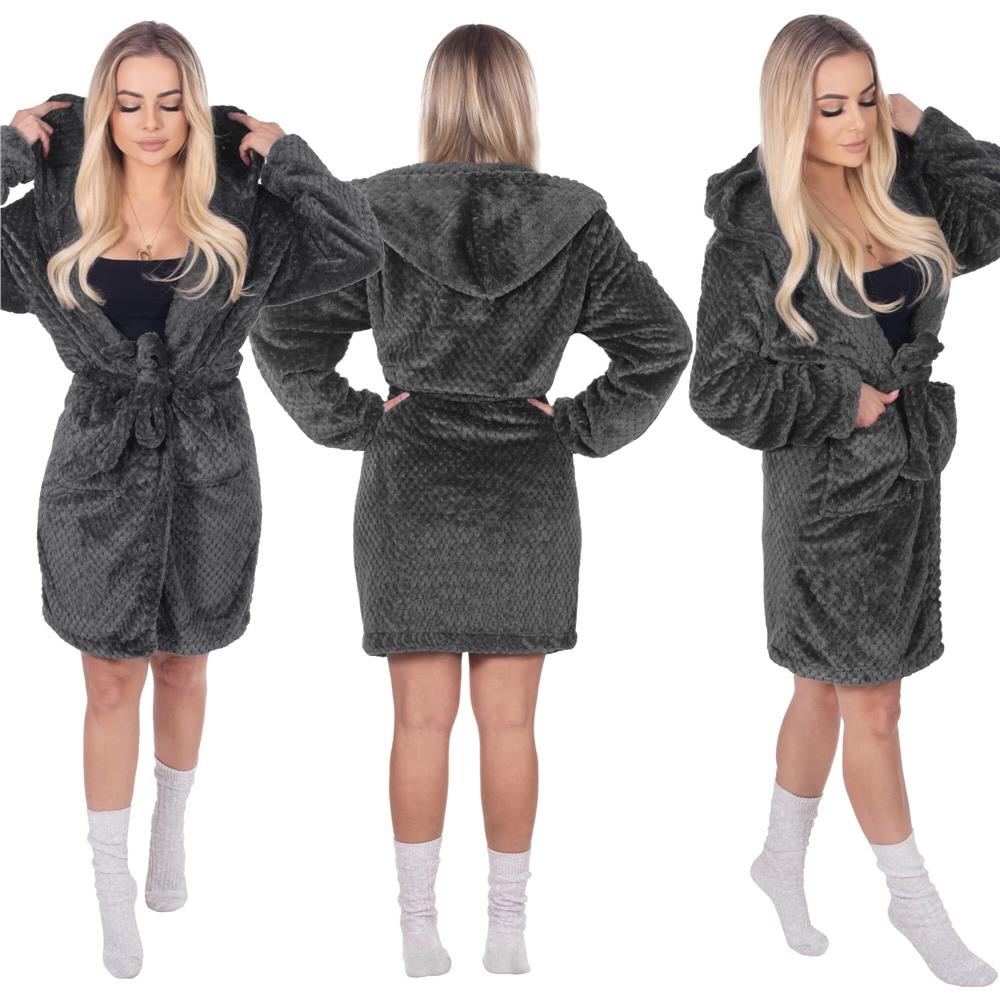 Halat de baie pentru femei pana la genunchi, cu gluga, marimea L/XL, gri inchis