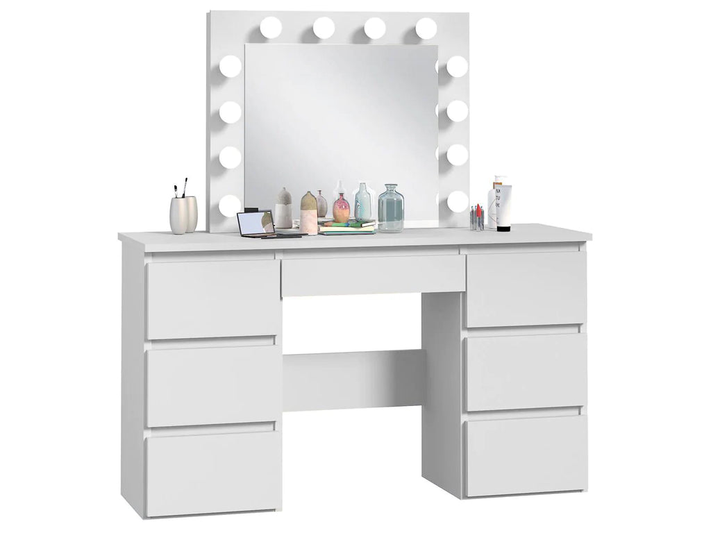Masa de toaleta si machiaj cu oglinda LED si 7 sertare, 120x43x140 cm, alb