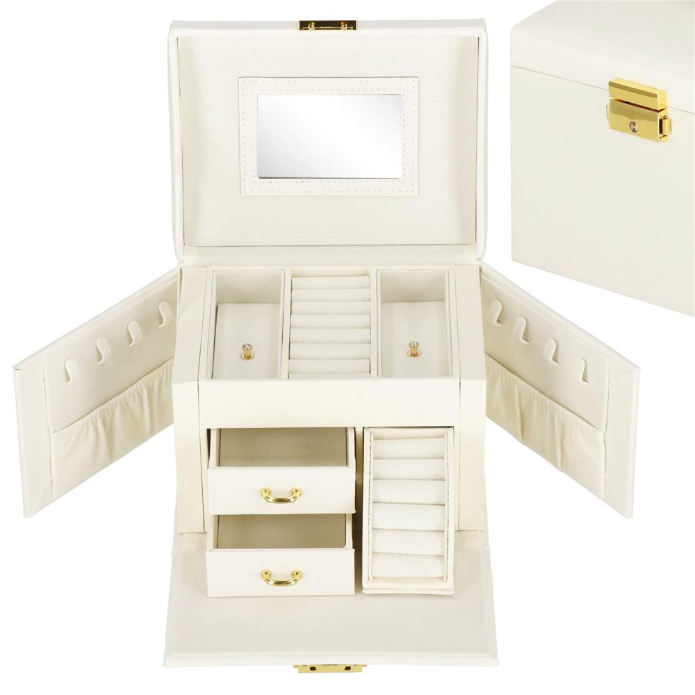 (DL) Cutie depozitare si organizare bijuterii, MDF, piele ecologica, 17,5 x 12 x 13,5 cm., crem