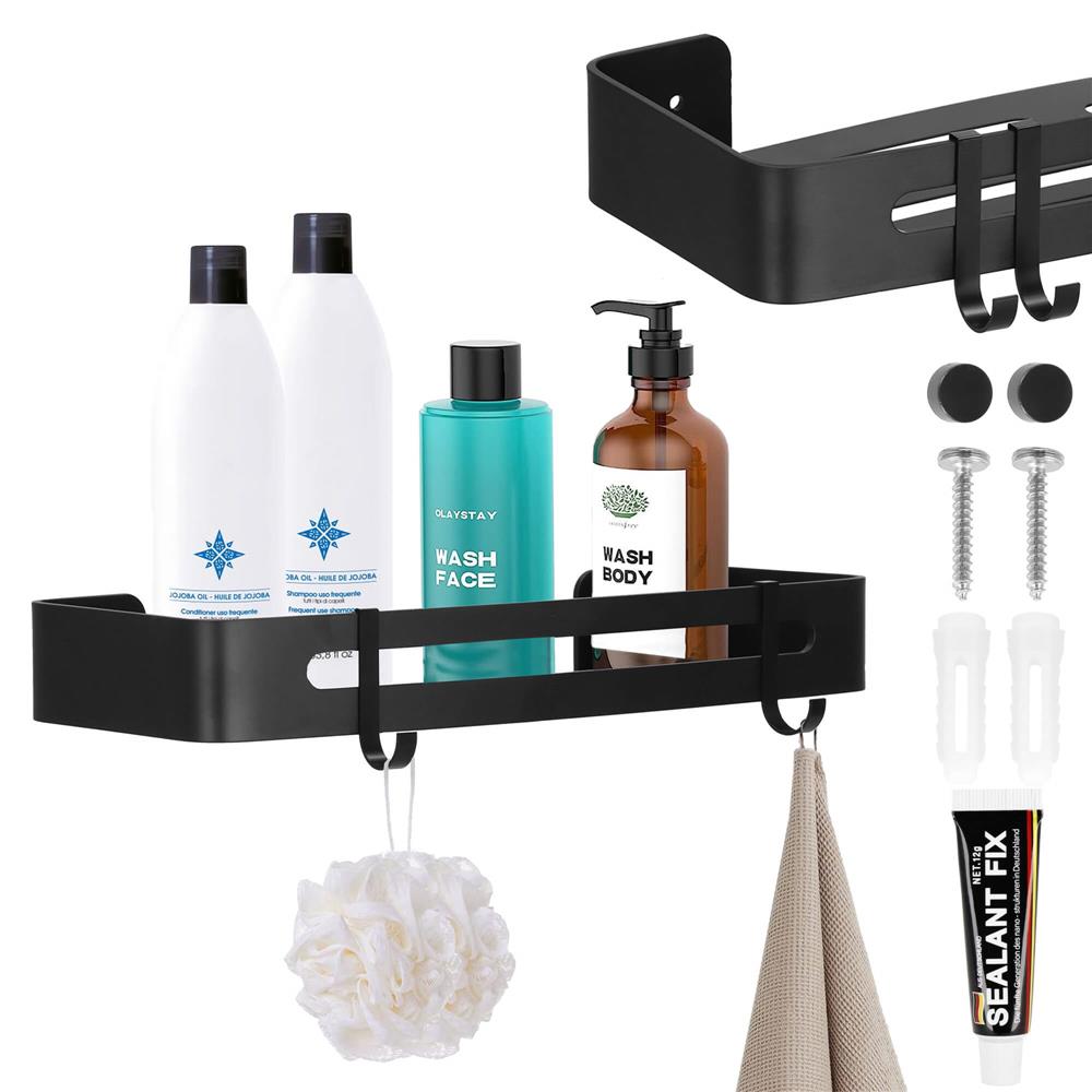 Raft de baie cu 2 agatatori, 2 sisteme instalare pe perete, aluminiu, 32x12x4cm, negru