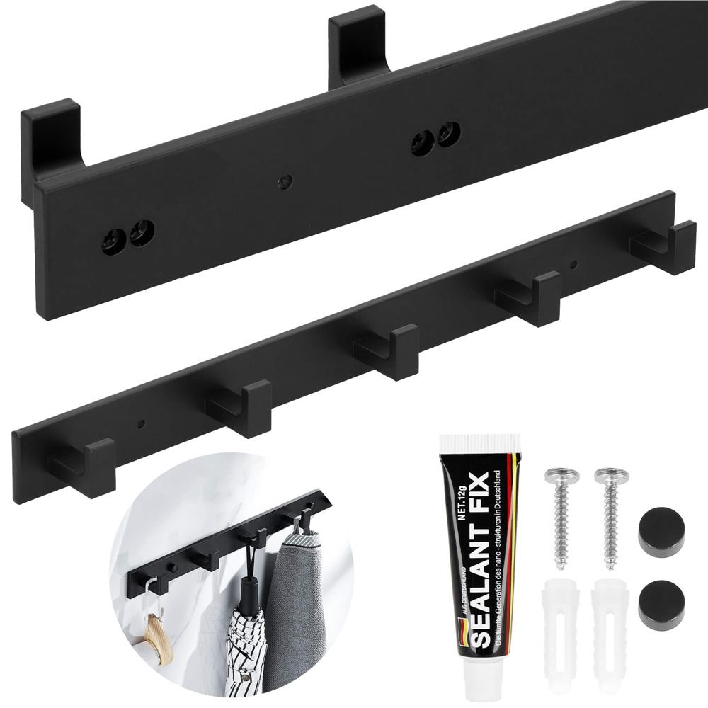 Cuier de baie pentru prosoape cu 2 sisteme instalare, aluminiu, 5 agatatori, 45x4cm, negru