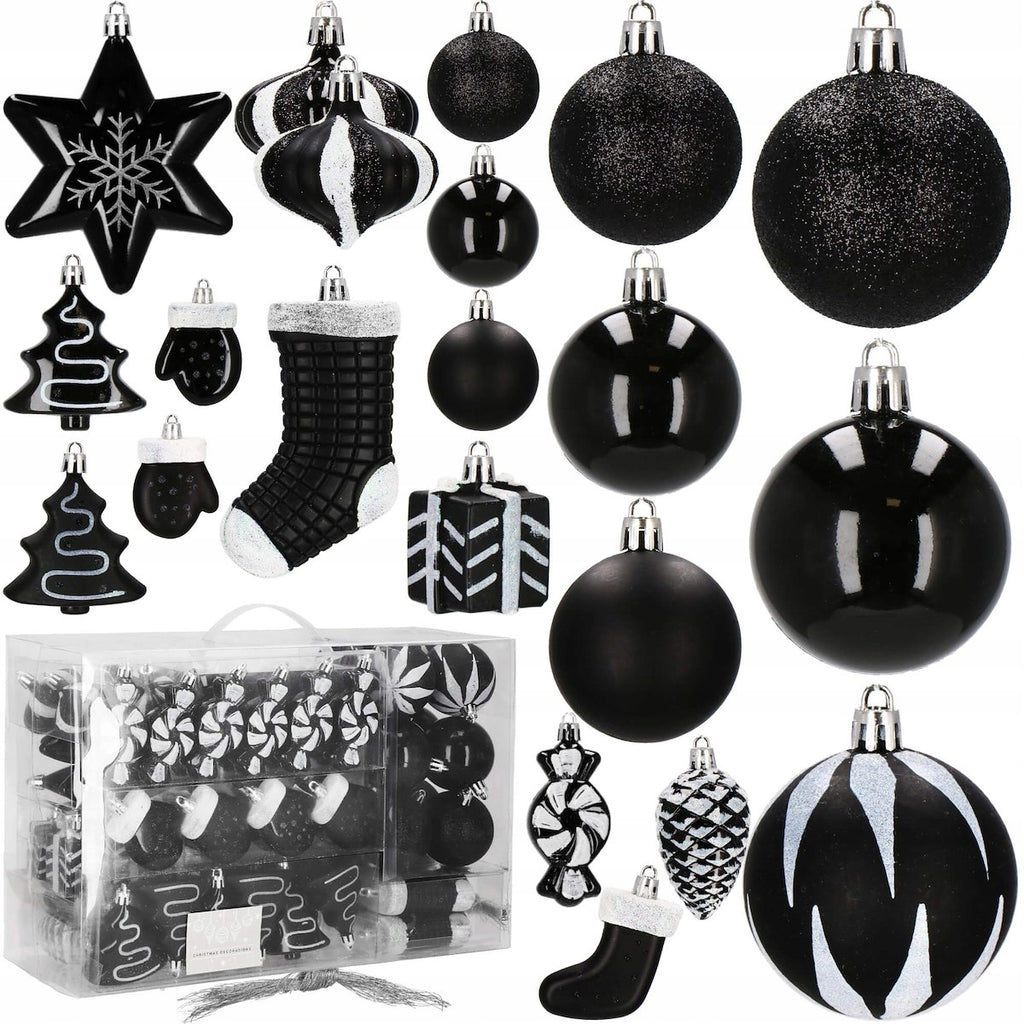 Set globuri si decoratiuni de Craciun, 77 piese, diverse dimensiuni, negru