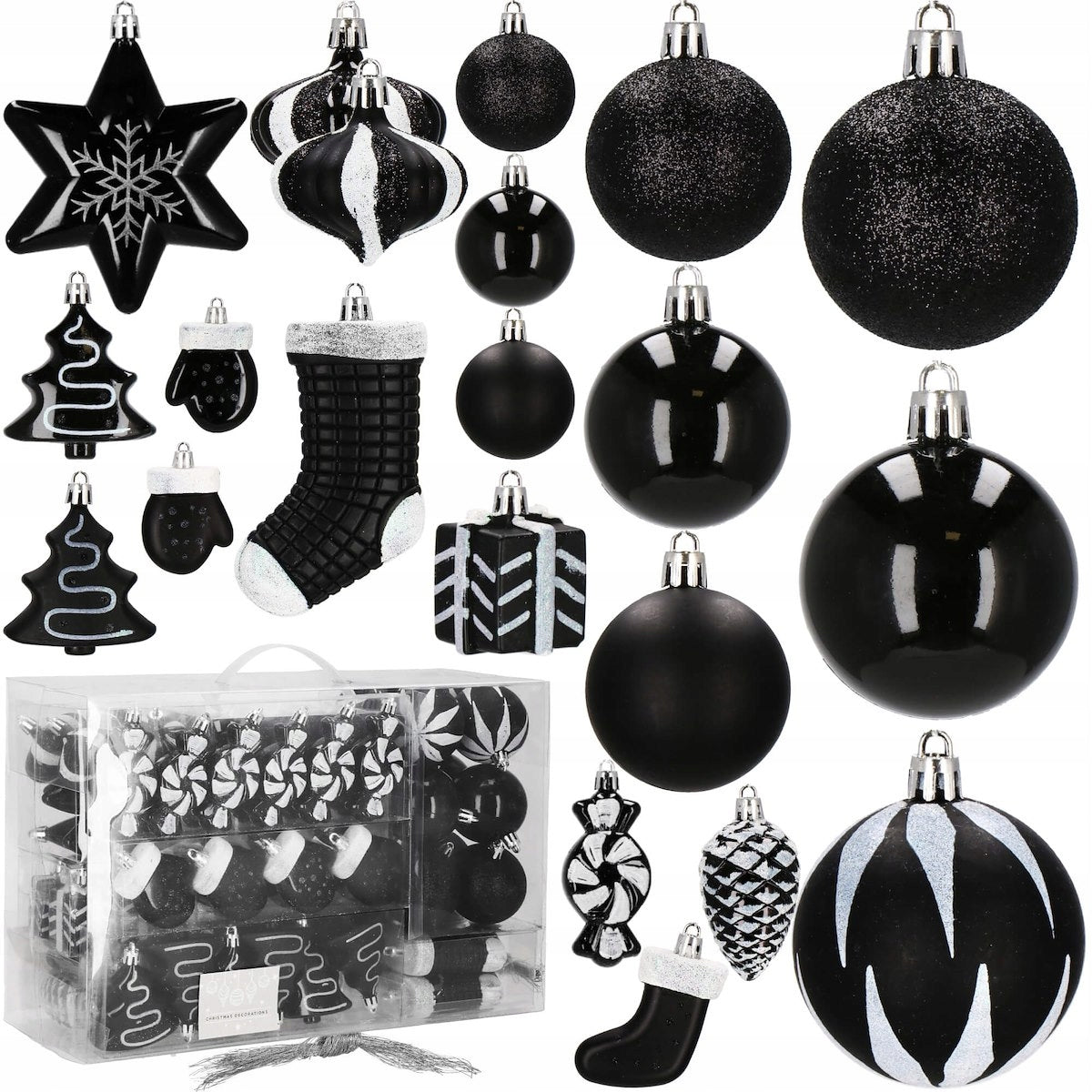Set globuri si decoratiuni de Craciun, 77 piese, diverse dimensiuni, negru