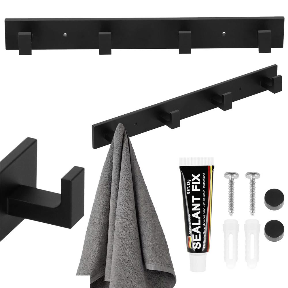 Cuier de baie pentru prosoape cu 2 sisteme instalare, aluminiu, 4 agatatori, 35x4cm, negru