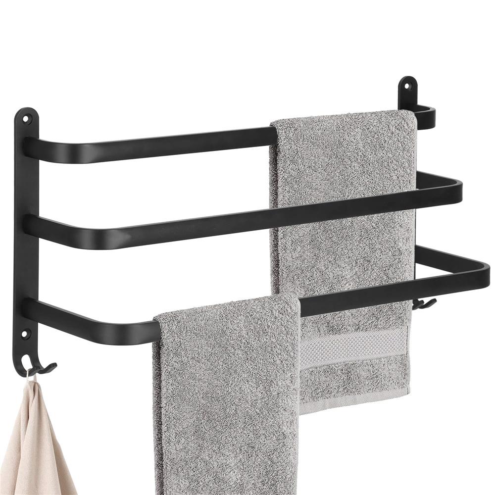 Suport prosoape pentru baie cu 2 sisteme de instalare, 3 brate, din aluminiu, 49x25cm, negru